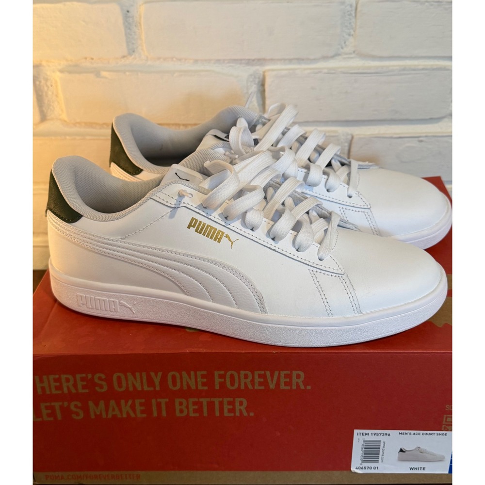 Puma Mens Ace Court Shoe White Dark Green Gold Sneakers Size 9 Tennis Core Sport